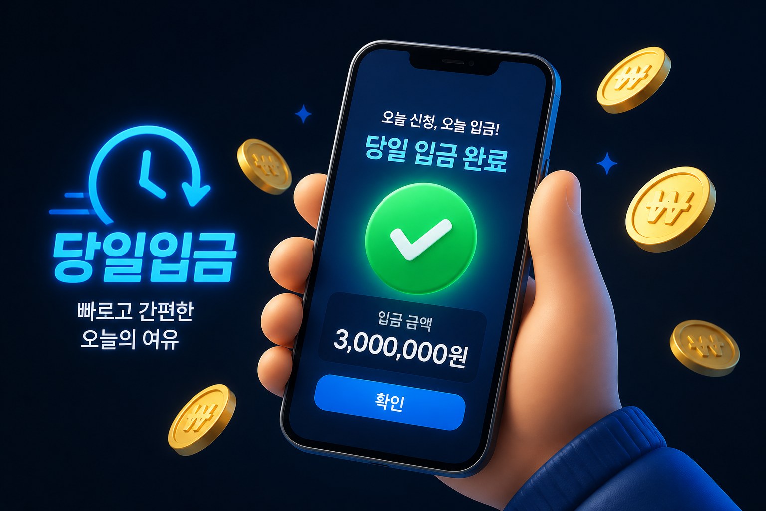 당일 입금 완료를 안내하는 캐릭터 장면
